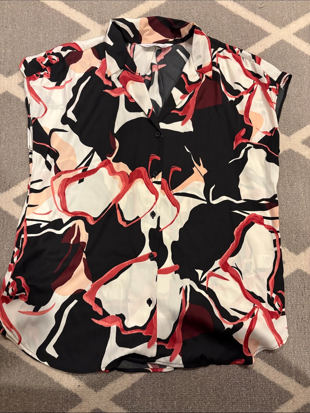 Nine West Black Blouse with Red and Cream Abstract Floral Print